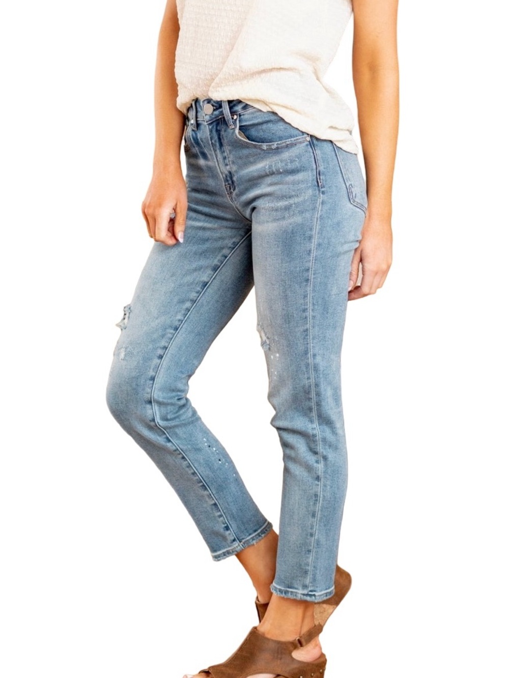 RISEN | SIZE 29 | PEYTON MID RISE TAPERED DISTRESSED JEAN PAINT SPLATTER DESIGN - Picture 3 of 10